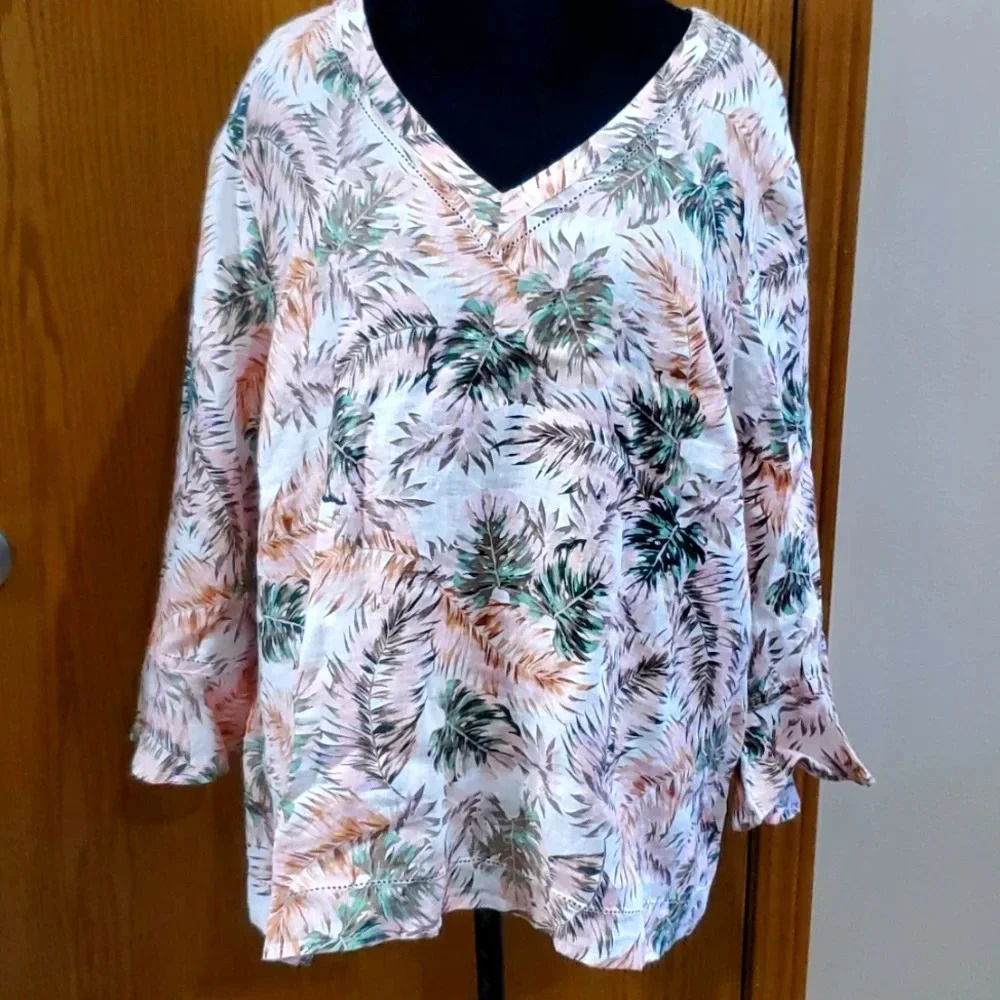 J Jill love linen NWT ruffle cuff vneck tunic floral palms top pink green
